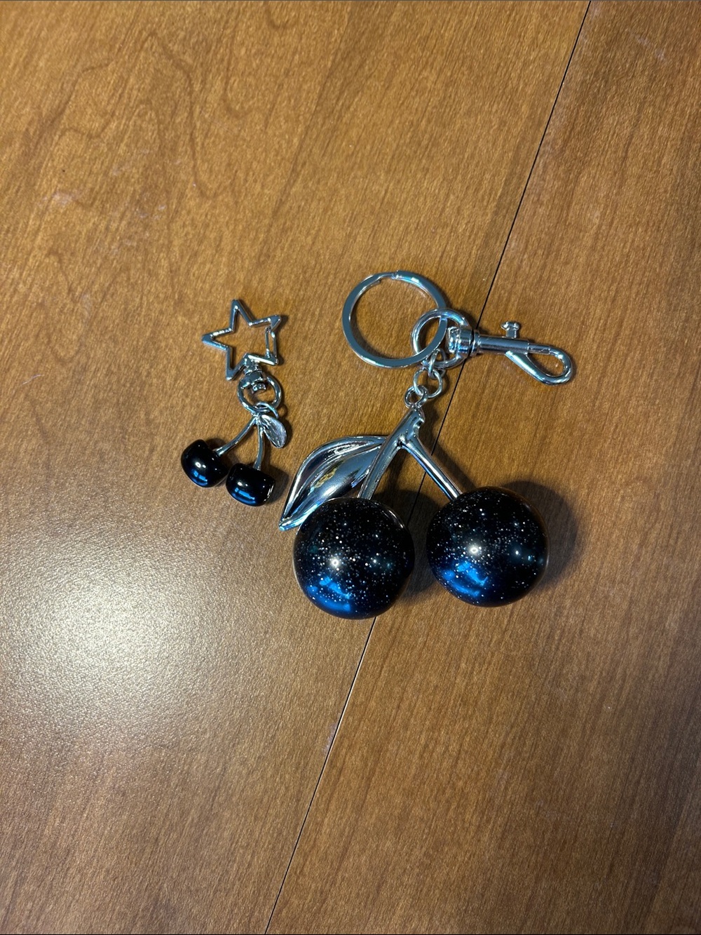 Silver Cherry Keychain with Black Galaxy Charms - Women Accessories